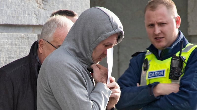 Bernard Joyce (centre, wearing grey hoodie) pictured leaving Mullingar District Court. Photograph: Colin Keegan, Collins Dublin