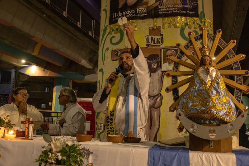 Fr Ignacio Bagattini holds an outdoor Mass to mourn Pope Francis in Buenos Aires, Argentina, on Monday. Photograph: Sarah Pabst/New York Times
