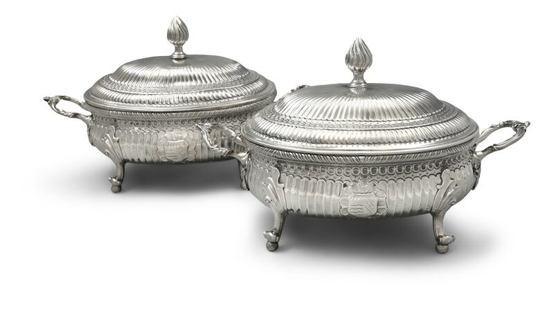 Pair of 18th-century silver covered tureens, made by R Holmes and hallmarked in Dublin in 1765, estimated at €30,000–€40,000, Adam’s