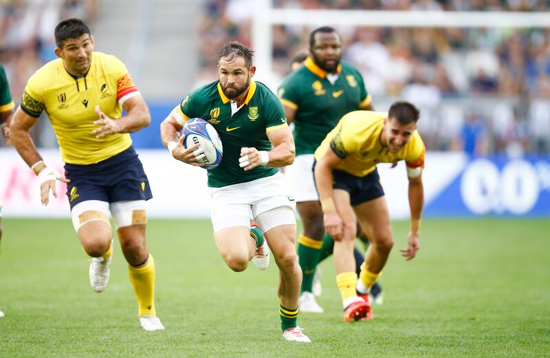 Scrumhalf Cobus Reinach, who can also play on the wing, is the only back named on the South Africa bench. Photograph: Steve Haag/Gallo Images/Getty Images