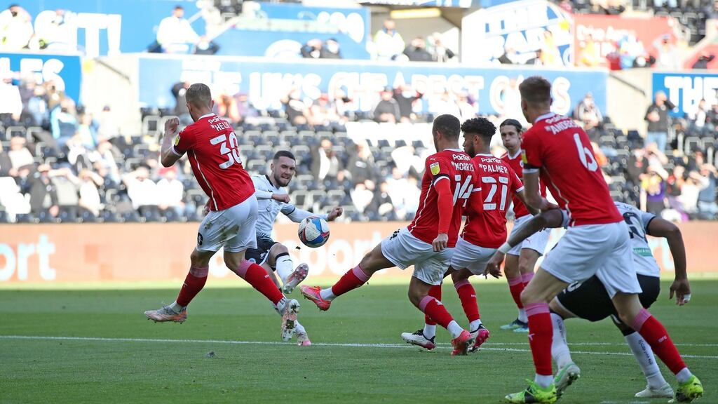 Swansea City’s Matt Grimes scores their goal during the Sky Bet Championship playoff semi-final, second leg at Liberty Stadium. Photograph: Nick Potts/PA Wire