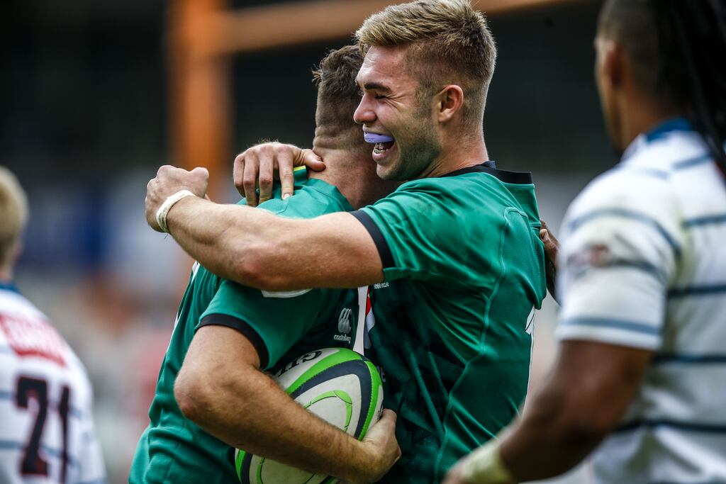 Ireland's Shane Daly celebrates after scoring a try with Jack Crowley. Photograph: Steve Haag/Inpho