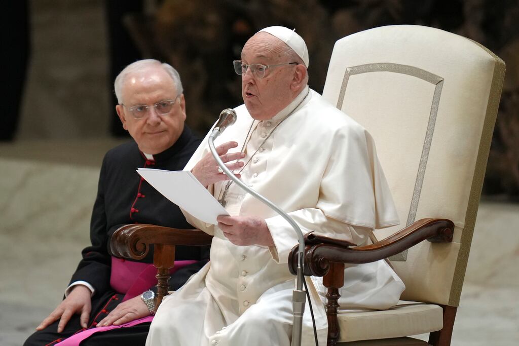 Pope Francis during his weekly general audience at the Vatican. Doctors have changed treatment for his respiratory tract infection. Photograph: Alessandra Tarantino/AP