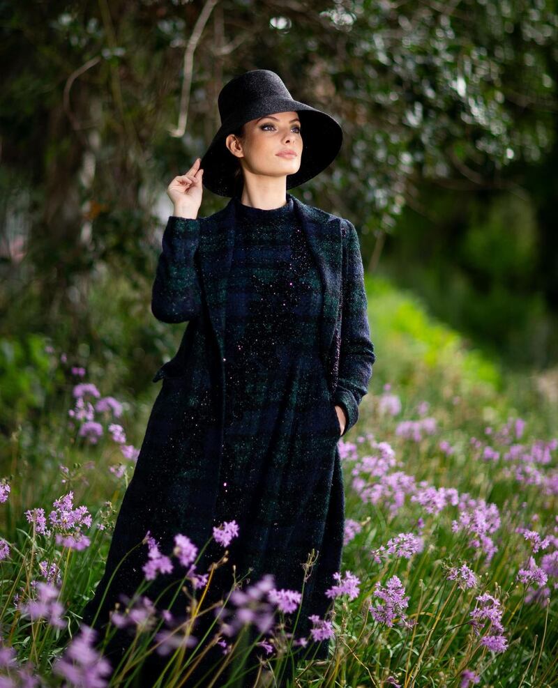 Louise Kennedy autumn-winter 2019: model Dioni Tabbers wears a Bianca Black Watch tweed coat and Amaya Black Watch tweed dress, both with jet floral embellishment, and an Anthony Peto straw bucket hat. Photograph: Tom Honan