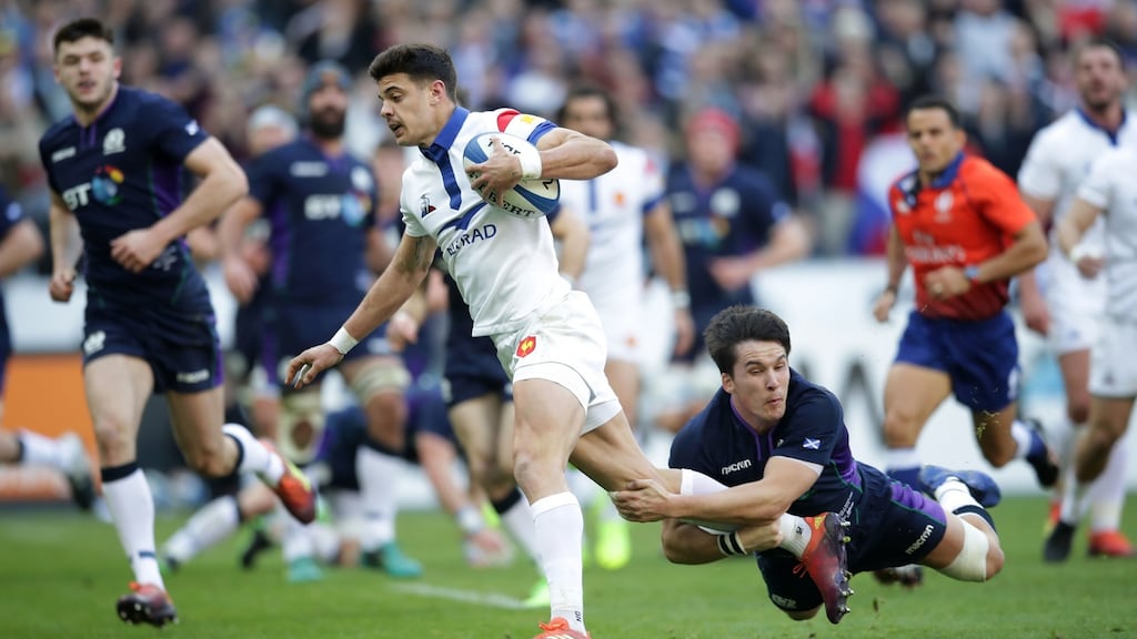 France’s outhalf Romain Ntamack scores his side’s first try of the game against Scotland during the Six Nations victory at the Stade De France, Paris. Photograph: Adam Davy/PA