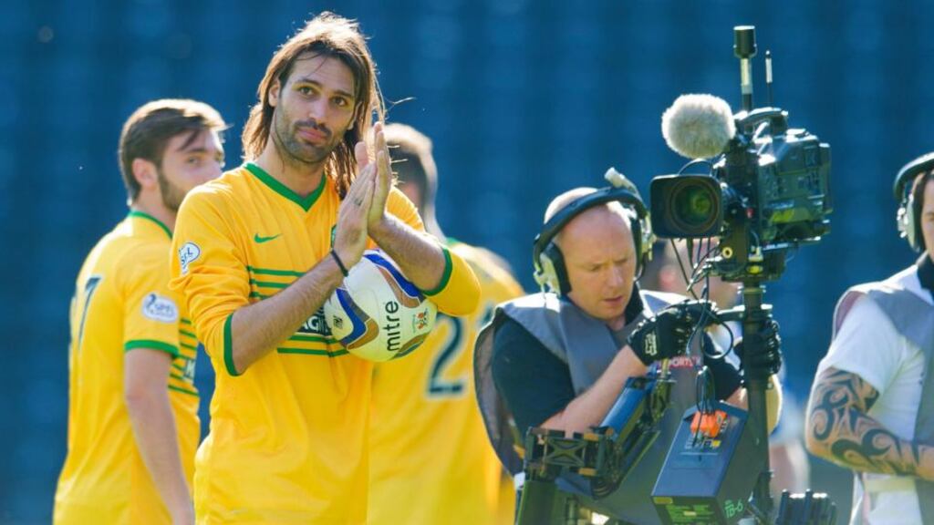 Celtic’s Georgios Samaras with the match ball at the end during the Scottish Premiership match at Rugby Park. Photograph: Jeff Holmes/PA Wire.