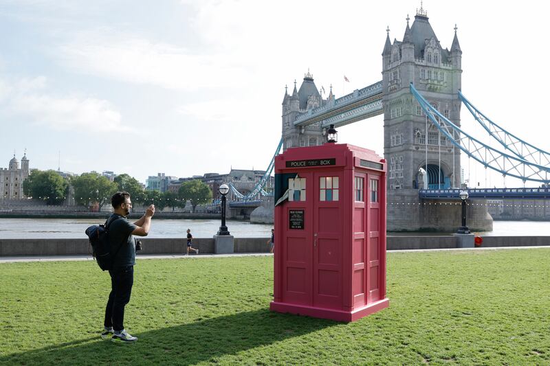 A special pink Tardis lands at Potter’s Fields in London. Photograph: John Phillips/Getty
