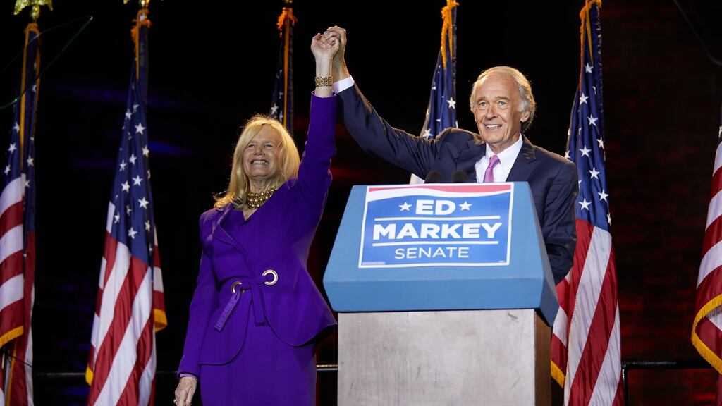 US senator Ed Markey raises hands with his wife, Susan Blumenthal, after speaking at a primary election night event at Malden Public Library on September 1st, 2020 in Malden, Massachusetts. Photograph: Allison Dinner/Getty Images