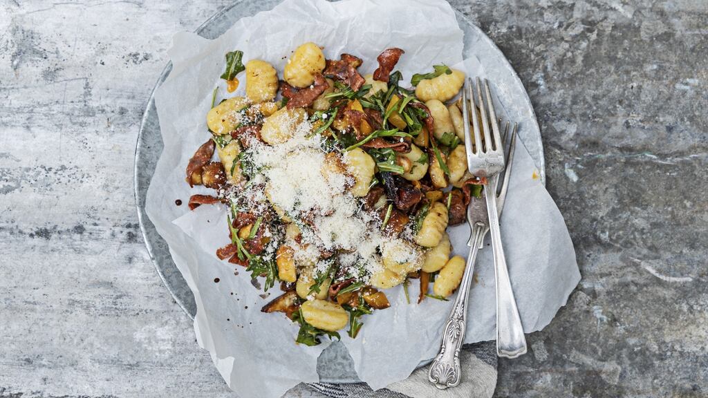 Frazzled pepperoni with halloumi, gnocchi and chopped rocket. Photograph: Harry Weir