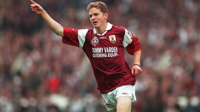 Michael Donnellan celebrates scoring a point for Galway in the 1998 All-Ireland final. It was their first victory since the famous three-in-a-row of the mid-1960s. Photograph: Patrick Bolger/Inpho