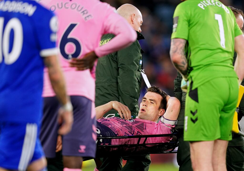 Everton's Seamus Coleman leaving the pitch on a stretcher after suffering knee ligament damage in Monday’s 1-1 draw at Leicester. Photograph: Mike Egerton/PA
