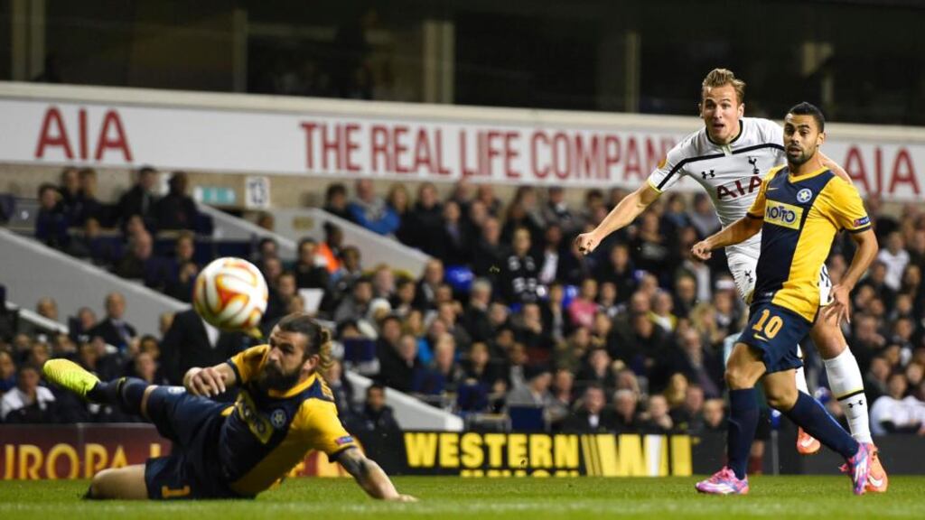 Tottenham Hotspur’s Harry Kane (C) scores against Asteras Tripolis during their Europa League match at White Hart Lane. Photograph: Dylan Martinez/Reuters