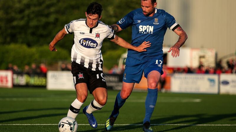 Waterford’s Damien Delaney challenges Dundalk’s Jamie McGrath at Oriel Park. Delaney announced his retirement from the game on Thursday. Photograph: Laszlo Geczo/Inpho