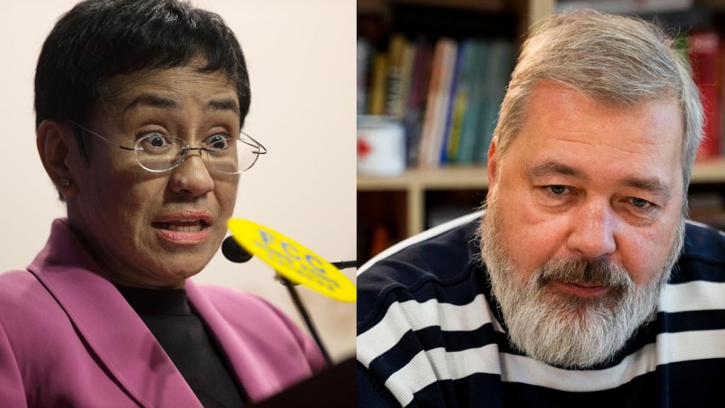 Maria Ressa, CEO and Executive Editor of online news site Rappler and Novaya Gazeta editor Dmitry Muratov. Photographs: Alexander Zemlianichenko and Jerome Favre/EPA and AP