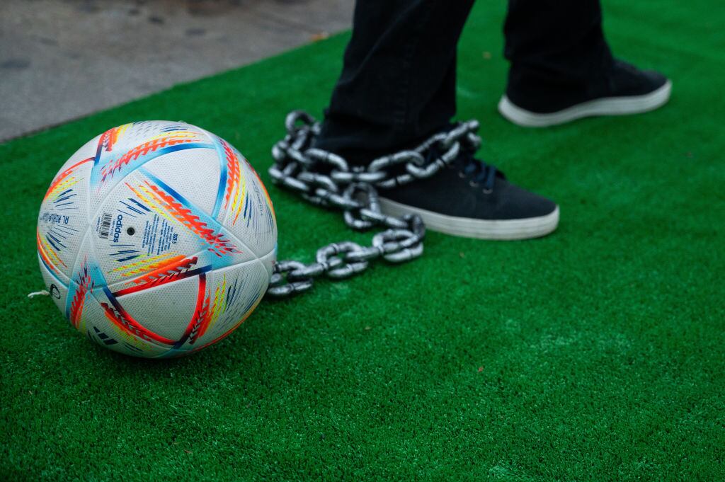 A protester in Madrid during a demonstration against the Fifa World Cup in Qatar. Photograph: Getty Images