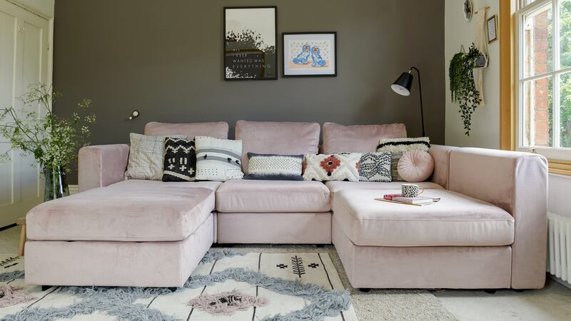 Shown here with five seats, ‘the sofa comes in pieces which you then assemble. You can also reassemble it in different ways – so you can have it as a two-seater, as a three-seater, two two-seaters or put all the bits together,’ Elliott says. Photograph: Jemma Watts