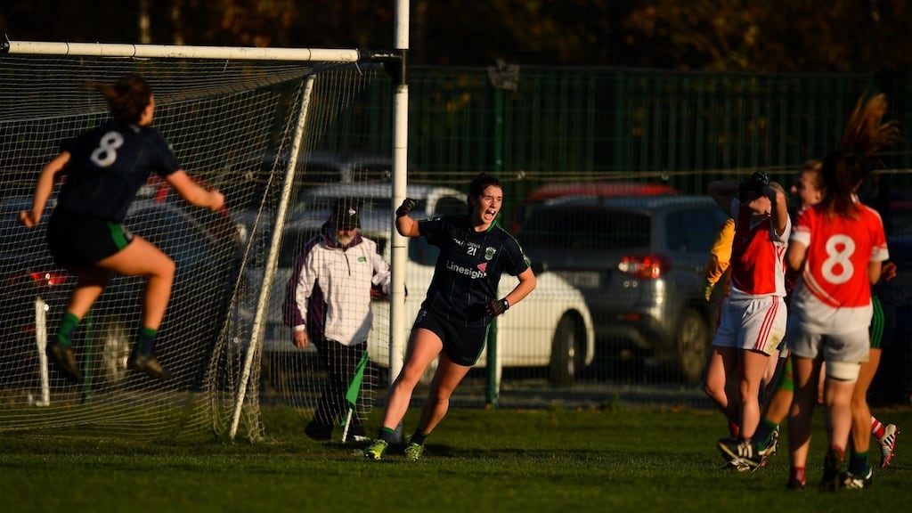 Róisín McGovern of Foxrock-Cabinteely celebrates after scoring her side’s last-minute winning goal against Donaghmoyne during the All-Ireland Ladies Senior Club Football Championship semi-final at Bray Emmets. Photograph: Brendan Moran/Sportsfile