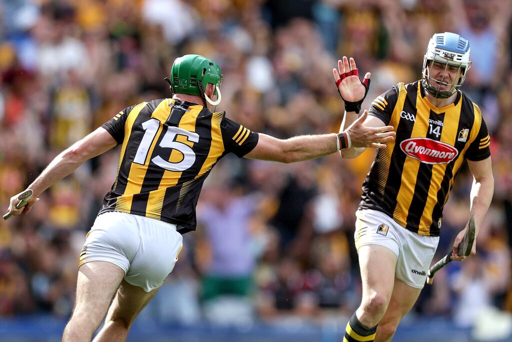 Kilkenny's Eoin Cody celebrates scoring a goal with TJ Reid during their All-Ireland senior championship semi-final against Clare at Croke Park. Photograph: Laszlo Geczo/Inpho