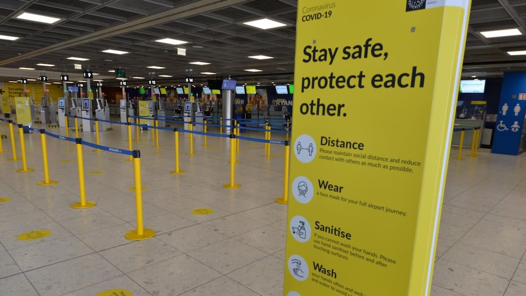 An empty check-in area at Terminal 1 in Dublin Airport. The rise in Covid across Europe now means no countries qualifiy for Ireland’s green list. Photograph: Alan Betson