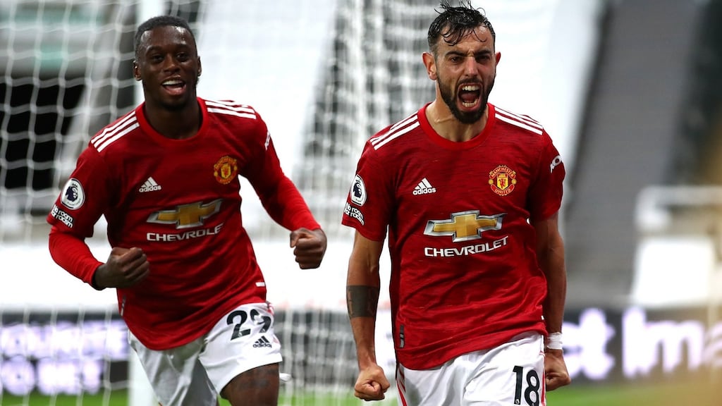 Manchester United’s Bruno Fernandes celebrates scoring his side’s second at Newcastle. Photograph: Alex Pantling/PA