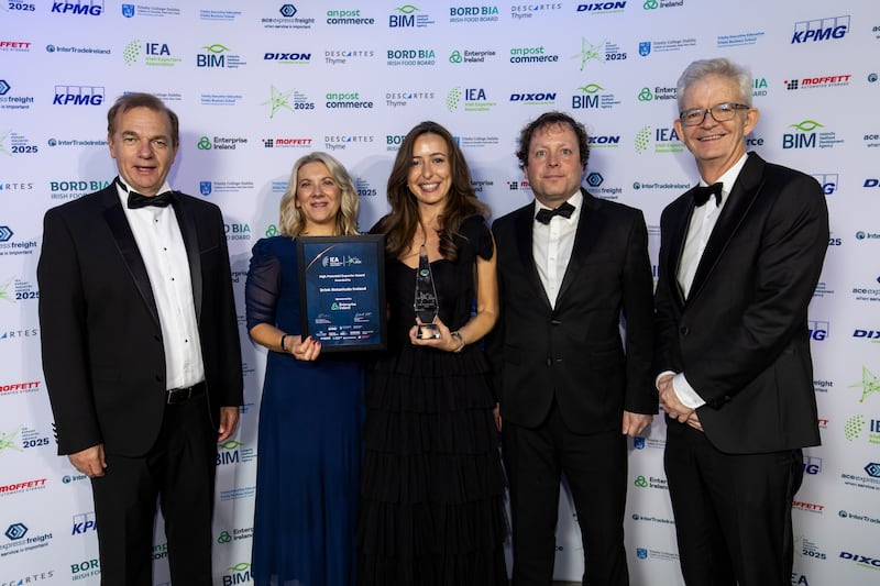 Simon McKeever, chief executive, Irish Exporters Association; Gabrielle White, president; Laura McCarthy, Drink Botanicals Ireland, winner of the high potential exporter category, sponsored by Enterprise Ireland; and representatives of Enterprise Ireland. Photograph: Karl Hussey Photography