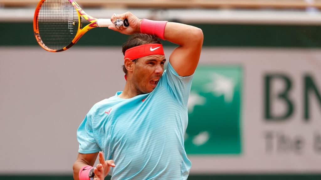 Rafael Nadal plays a forehand during his second-round match against Mackenzie McDonald on day four of the 2020 French Open at Roland Garros in Paris. Photograph: Clive Brunskill/Getty Images