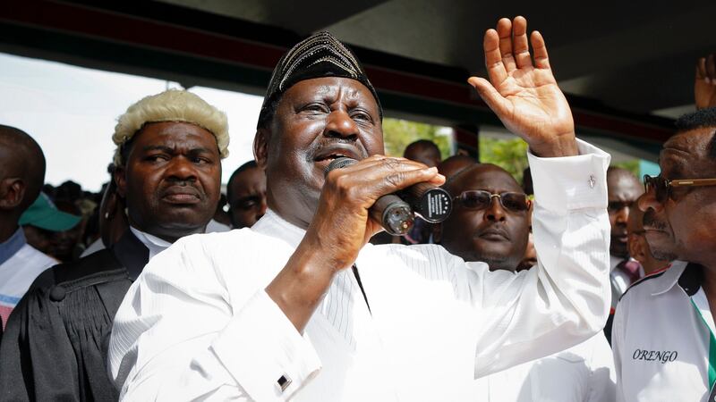 The leader of the Kenyan opposition National Super Alliance (NASA) Raila Odinga delivers a speech after his mock inauguration ceremony in Nairobi on Tuesday. Photograph: Dai Kurokawa/EPA