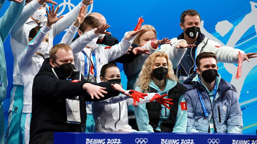 The Russian figure skating team react to winning gold although the medal ceremony has since been cancelled. Photograph: Fazry Ismail/EPA