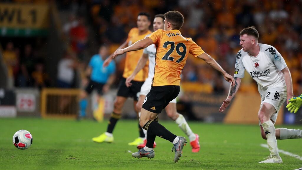 Ruben Vinagre of Wolverhampton Wanderers scores their second goal during the Europa League second qualifying round first leg against Crusaders at Molineux. Photograph: David Rogers/Getty Images