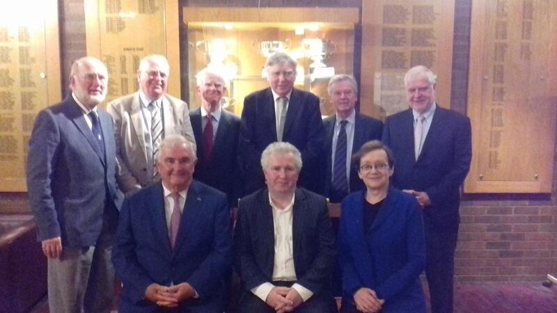 At the dinner Séamus Woulfe hosted for former attorneys general at Fitzwilliam Lawn Tennis Club were, back row: Harry Whelehan, Michael McDowell, Eoghan Fitzsimons, John Rogers, David Byrne and Paul Gallagher. Front row: John Murray, Woulfe and Máire Whelan