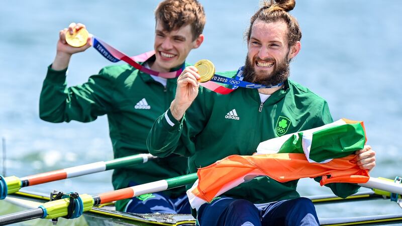 Ireland’s Fintan McCarthy and Paul O’Donovan with their gold medals at the 2020 Tokyo Olympic Games, at the Sea Forest Waterway, Tokyo. Photograph: Steve McArthur/Photosport/Inpho