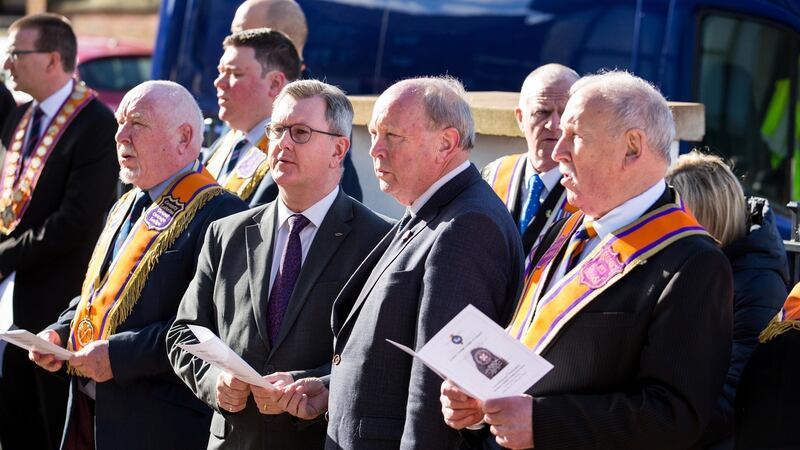 DUP Leader Sir Jeffrey Donaldson and TUV Leader Jim Allister at the unveiling of the CentenNIal stone at Schomberg House in Belfast on Saturday. Photograph: Graham Baalham-Curry/PA Wire
