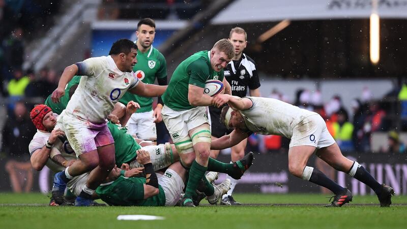 Ireland’s Dan Leavy breaks with the ball during the 2018 Six Nations match against Ireland at Twickenham. Photograph: Laurence Griffiths/Getty Images