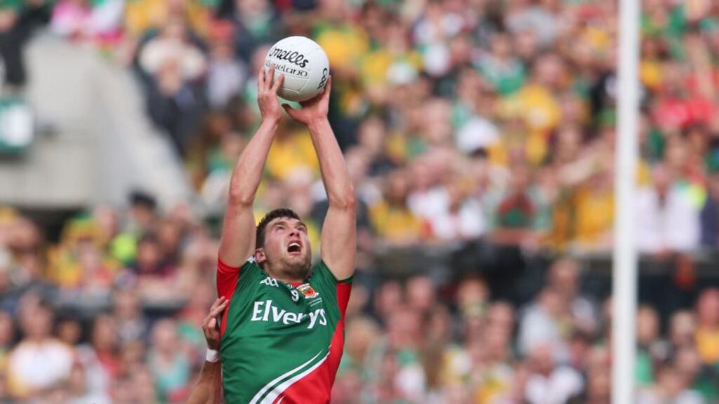 Aidan O’Shea claims possession during last year’s All-Ireland final agsinst Donegal. O’Shea will be hoping for a different result when the two sides meet in tomorrow’s All-Ireland quarter-final at Croke Park. Photograph: Cathal Noonan/Inpho