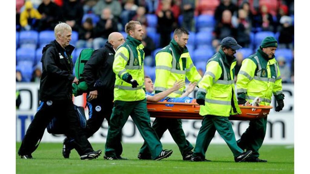 James McCarthy is stretchered from the field last Saturday. The Irish midfielder didn’t suffer a break but ankle ligament damage is likely to keep him out for two months. Photograph: Michael Regan/Getty Images