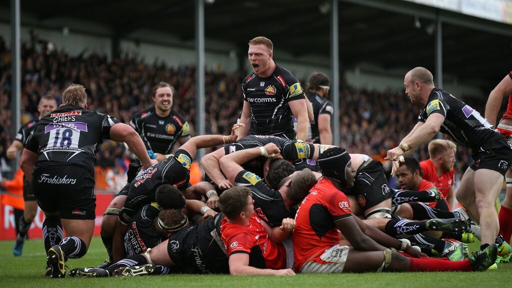 Sam Simmonds’ last minute try sent Exeter to the English Premiership final. Photograph: Steve Bardens/Getty