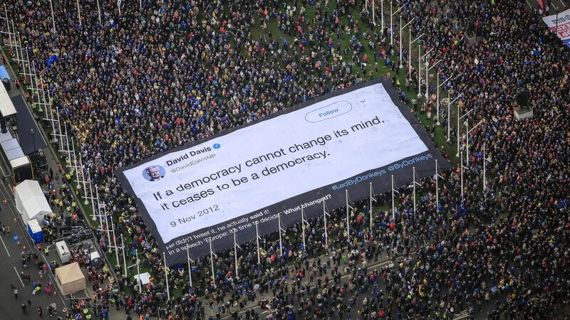 An 800sq m banner of a David Davis quote is held up in Parliament Square during a Put It To The People march in London, Britain. Photograph: Jiri Rezac/Led By Donkeys/PA Wire