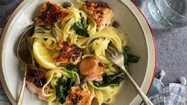 Roast salmon with creamy tagliatelle