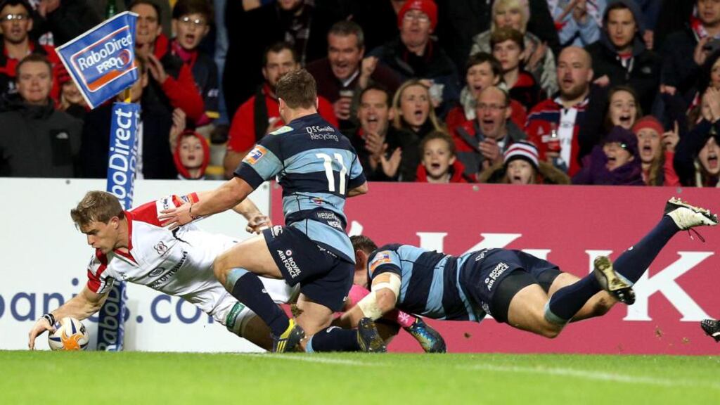 Ulster’s Andrew Trimble scores against Cardiff at Ravenhill. Photograph: Dan Sheridan/Inpho
