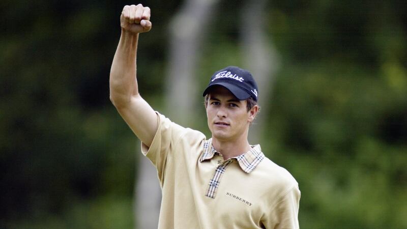 Adam Scott of Australia celebrates a four-stroke victory on the 18th green after the final round of the Deutsche Bank Championship at the TPC of Boston on September1st, 2003. Photograph: Scott Halleran/Getty Images