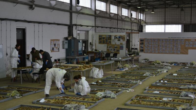 Human remains discovered this year in a mass grave at Koricani cliffs in Bosnia are gathered and DNA samples taken at a facility run by the International Commission on Missing Persons at Sanski Most. Photograph: The International Commission on Missing Persons