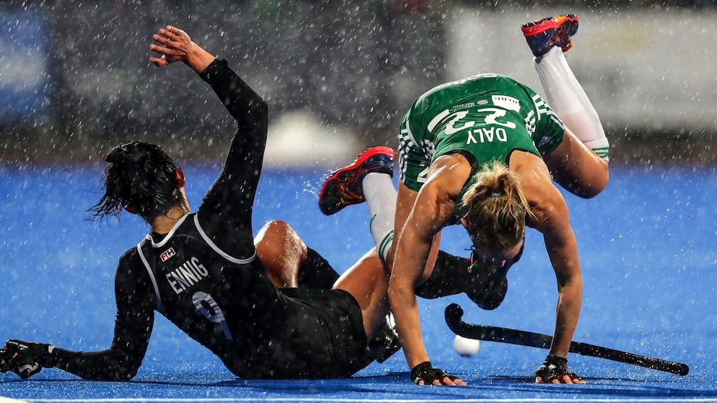 Ireland’s Nicola Daly and  Danielle Hennig of Canada during their Olympic hockey qualifier, first leg, at Energia Park, Donnybrook,  Dublin. Photograph:  Morgan Treacy/Inpho
