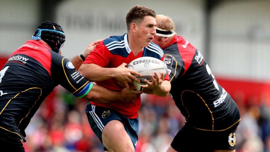 Ian Keatley winning his 100th Munster cap against the Dragons last week . Photograph: Billy Stickland/Inpho