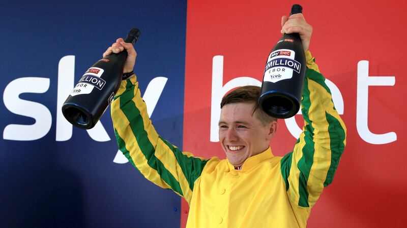 Colin Keane celebrates Mustajeer’s Ebor victory. Photograph: Clint Hughes/PA