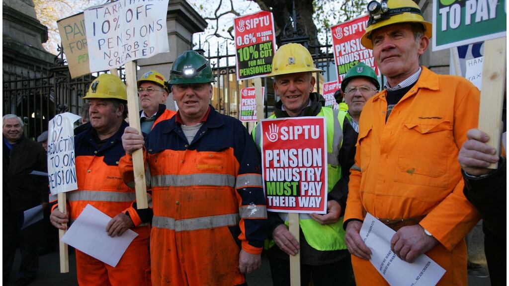 Tara Mines pensioners protesting outside Leinster House about cuts in their pensions in 2011. Photograph: Bryan O’Brien / THE IRISH TIMES