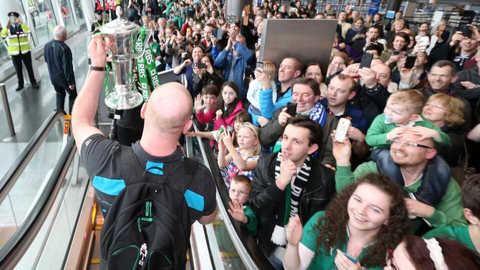 Paul O’Connell with the RBS Six Nations trophy at Dublin Airport. Photograph: Cathal Noonan/Inpho