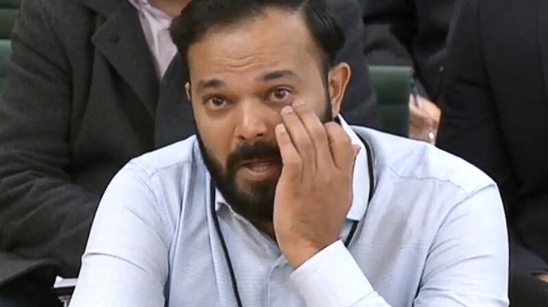 Former Yorkshire cricketer Azeem Rafiq fights back tears while testifying in front of a Digital, Culture, Media and Sport Committee in London. Photograph: Videograb courtesy of RU/AFP via Getty Images