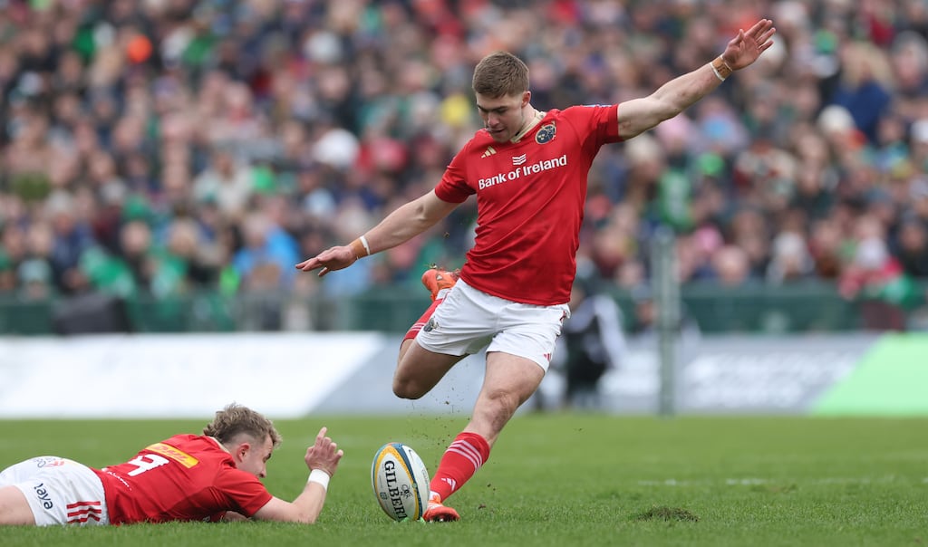 Munster’s Jack Crowley kicks a penalty during the URC game against Connacht at MacHale Park. Photograph: James Crombie/Inpho