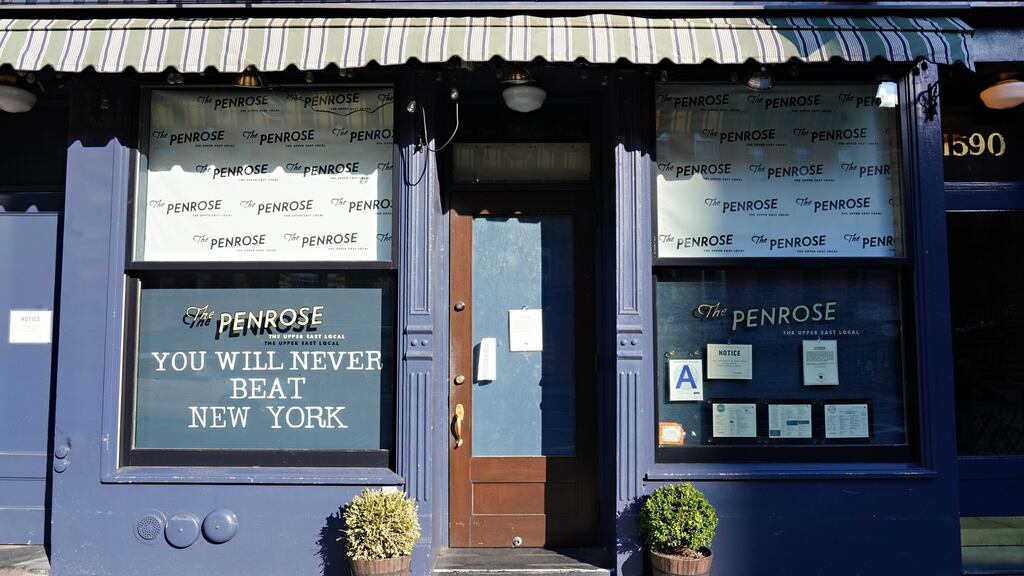 A sign reading ‘You will never beat New York’ is seen in the window of The Penrose during the coronavirus pandemic on April 15th, 2020 in New York City. Photograph: Cindy Ord/Getty Images.