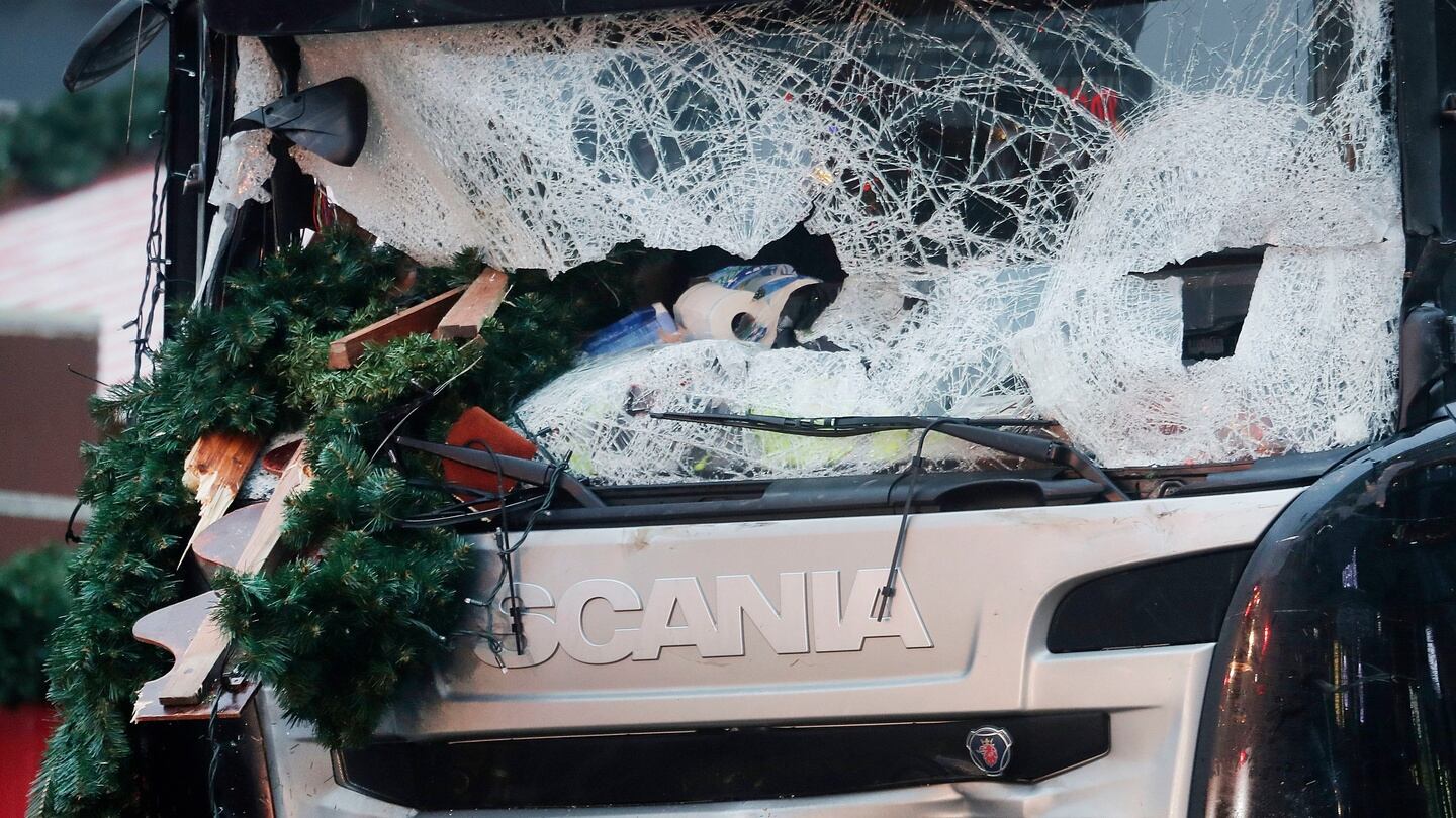 The smashed window of the cabin of a truck which ran into a crowded Christmas market. Photograph: Markus Schreiber/AP